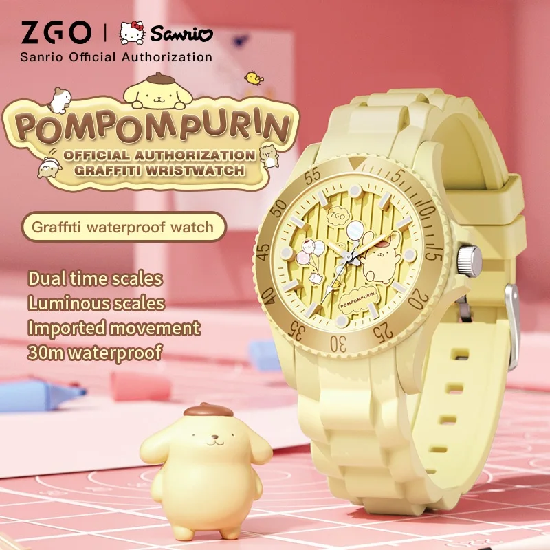 Zgo sanrio pomporpurin crianças relógio para meninas pulseira confortável com design bonito dos desenhos animados luminoso relógio de quartzo à prova dwaterproof água presente 5373