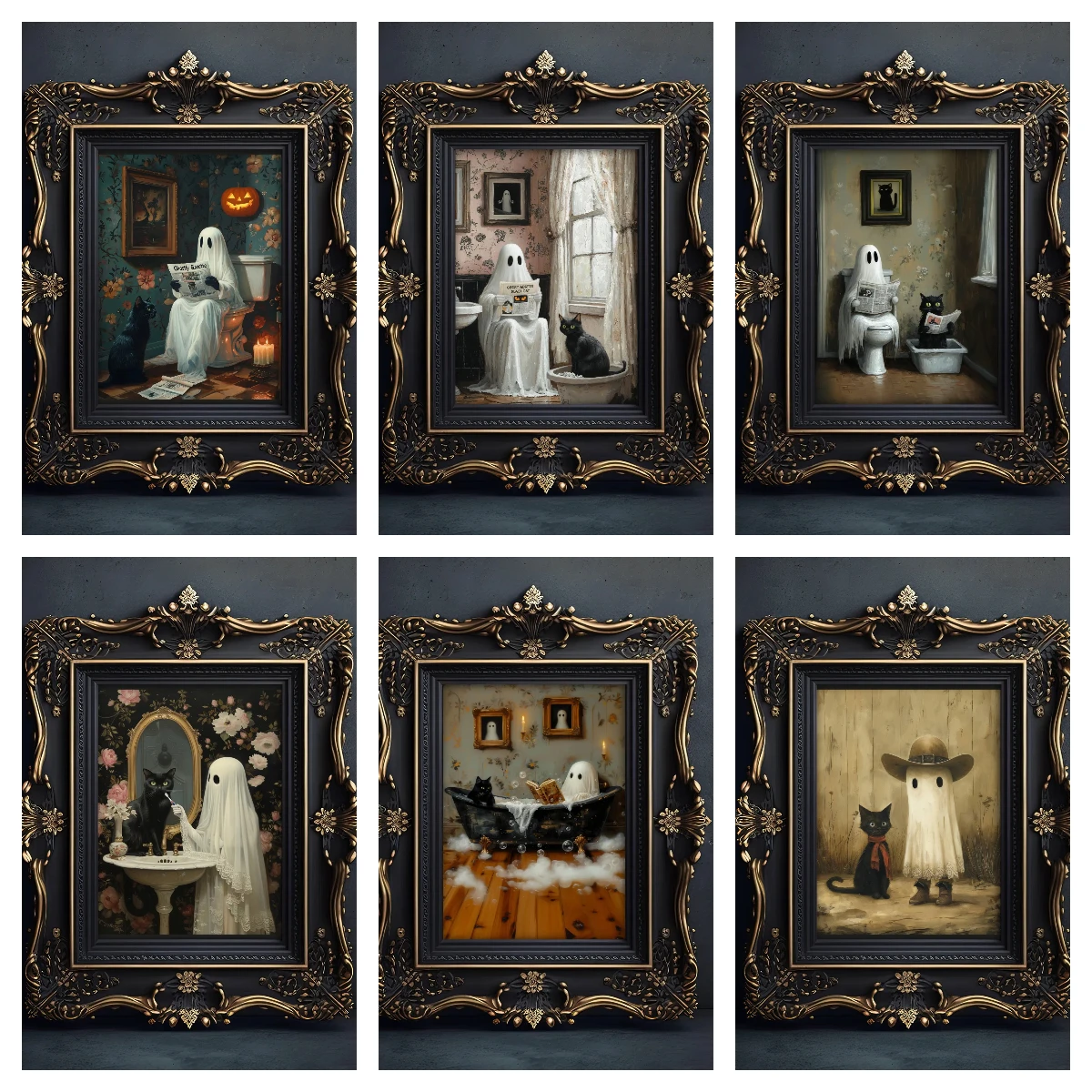 Vintage Funny Ghost and Black Cat in Bathroom Poster Abstract Spooky Cozy Fall Canvas Prints for Living Room Decoration Gifts