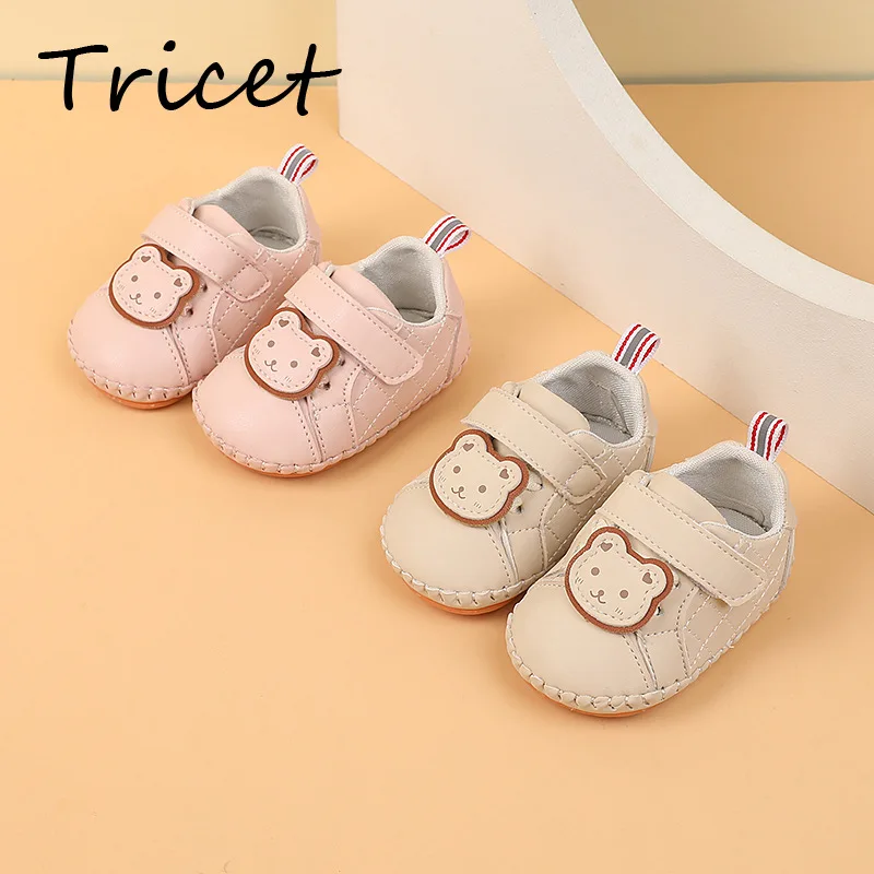 Cartoon Bear Kids Casual Shoes PU Solid Sneakers For Baby Boys Girls Comfortable Hook Loop Soft Infant Children Walk Shoes