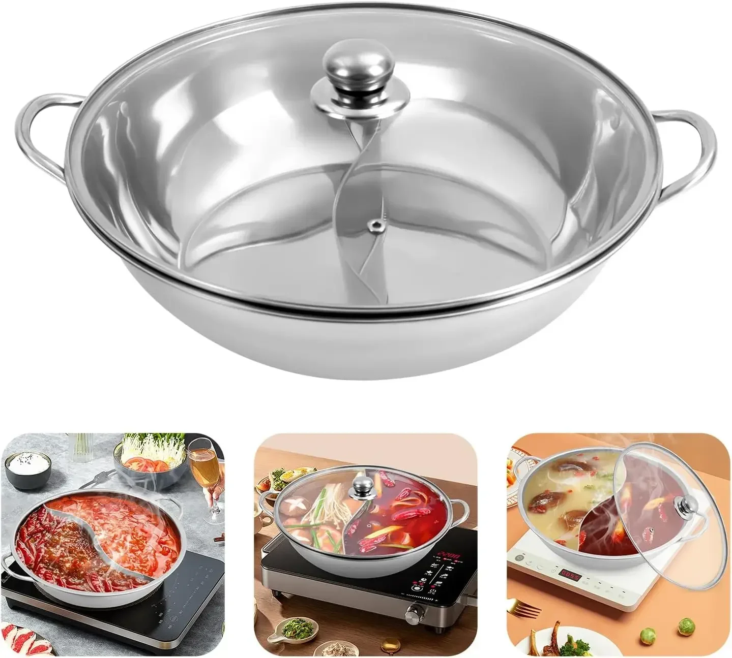 34cm Stainless Steel Dual Shabu Shabu, Kitchen Hot Pot Cooking Soup Divider Shabu Pot Cookware Stainless Steel with Lid