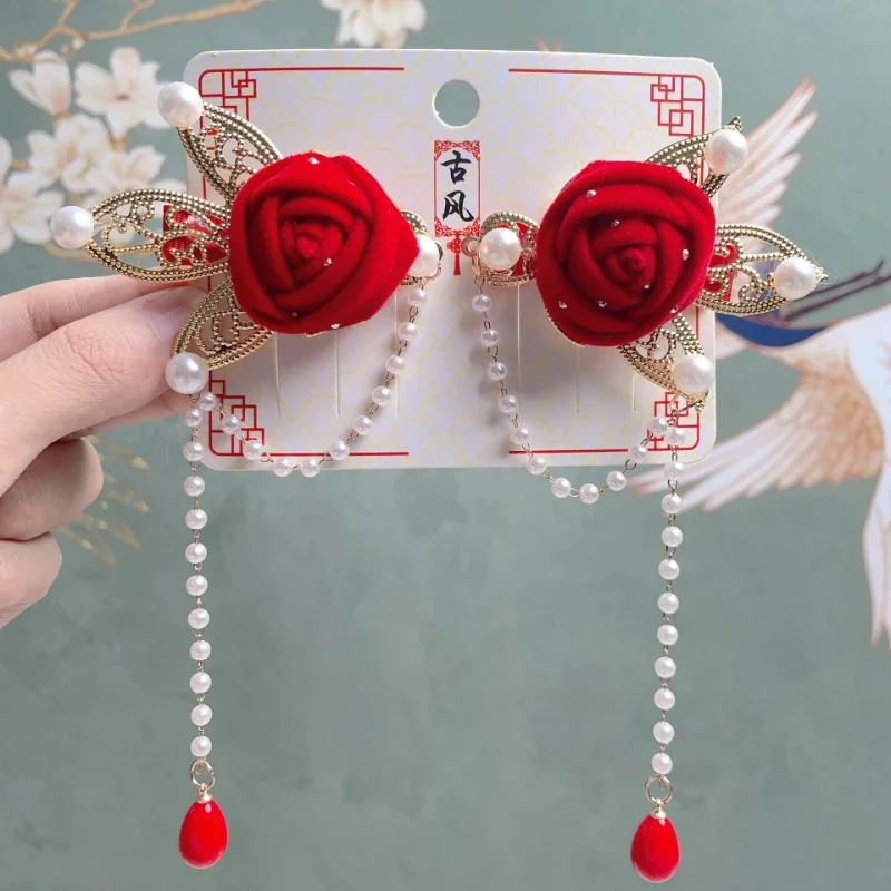 Chinesische Hanfu Mädchen Kopf bedeckung Neujahr Mädchen Haarschmuck niedlichen roten Rose Kinder Haars pange Festival Geschenk