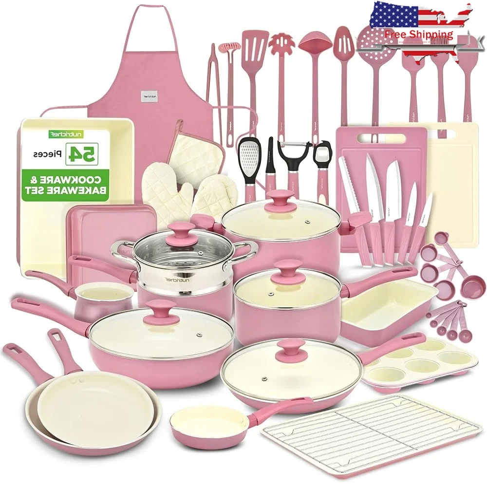 

54-Piece Non-Stick Ceramic Cookware Set Pots Pans Knives Utensils Bakeware Cutting Boards Kitchen Tools Gas Electric Induction