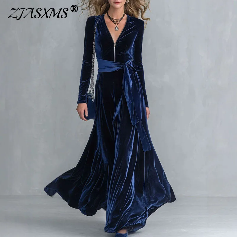 Women Solid Velvet Maxi Dress V Neck Front Zipper Long Sleeve Wrap Belted Flowy A Line Gown New Wedding Guest Formal Party Dress