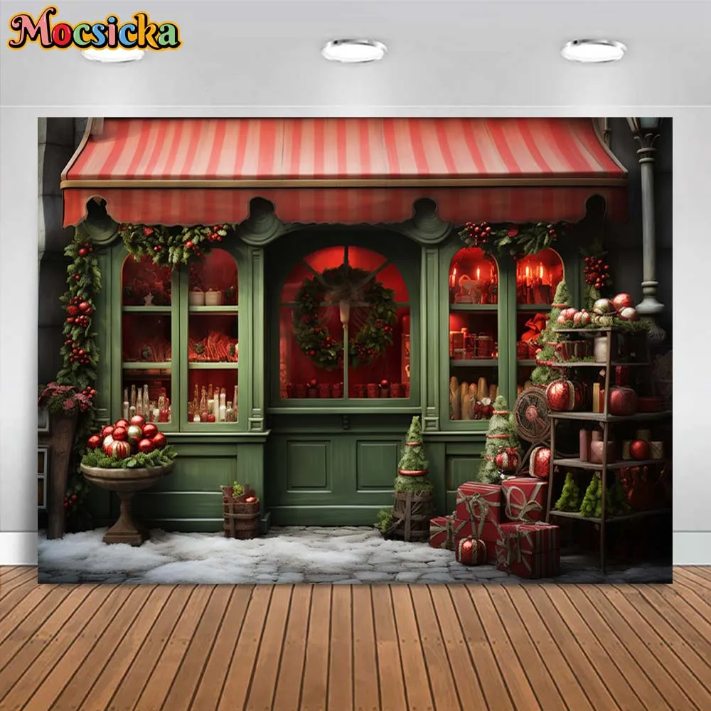 Mocsicka ฉากหลังสำหรับถ่ายภาพวันคริสต์มาสฤดูหนาวร้านของขวัญสีเขียวสำหรับเด็ก