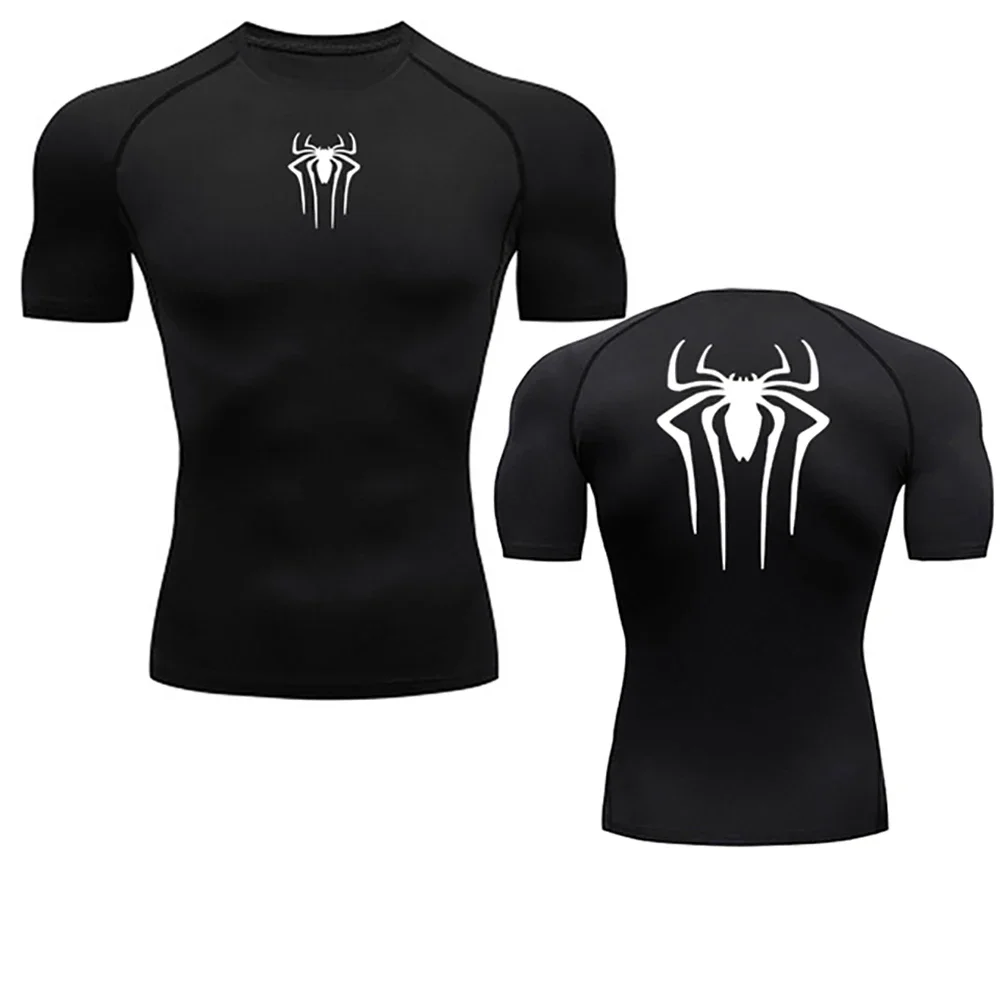 Summer Men's Fitness Quick Dry T Shirts Spider Print Athletic Compression Shirts Breathable Casual Short Sleeve Tight Tees Y2K