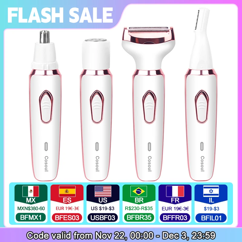 4 in 1 Electric Razor for Women Shaver Lady Shaver Body Hair Trimmer for Armpit Bikini Arm Leg Face Mustache Portable Painless