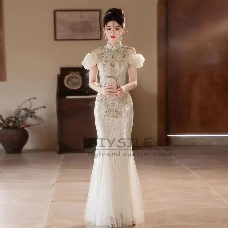 GIYSILE Customized Luxury Evening Dress 2025 New Fashion Sequined V-neck Zipper Back Heavy Industry Banquet Fishtail Dresses