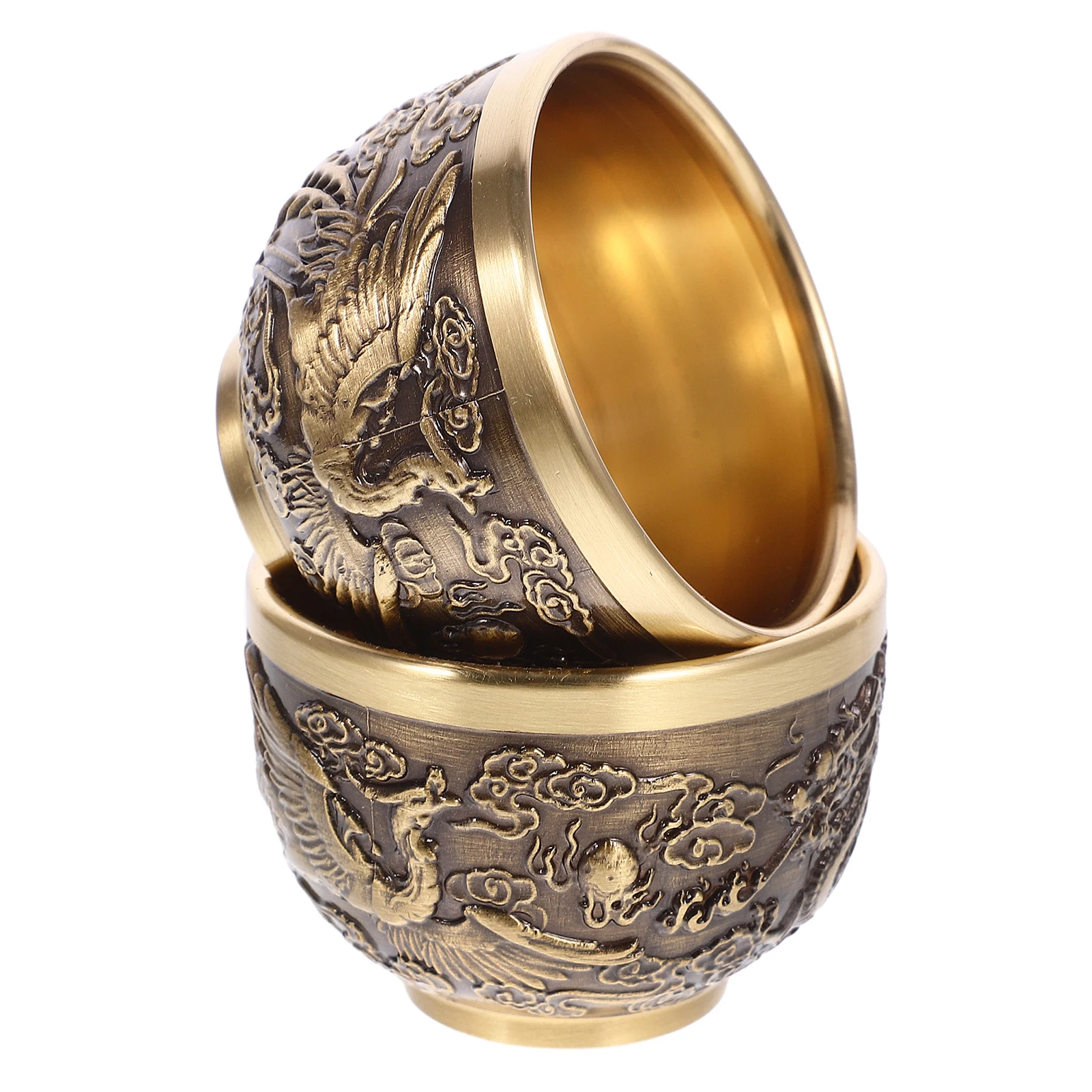 

2PCS Dragon Phoenix Copper Tea Cup Chinese Style Vintage Teacup Retro Kitchen Barware Reusable Practical Beautiful Easy