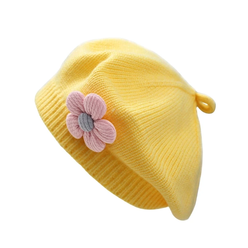 Baby Hat Autumn Winter Female Girls Flower Decor Kids Knitted Artist Hats