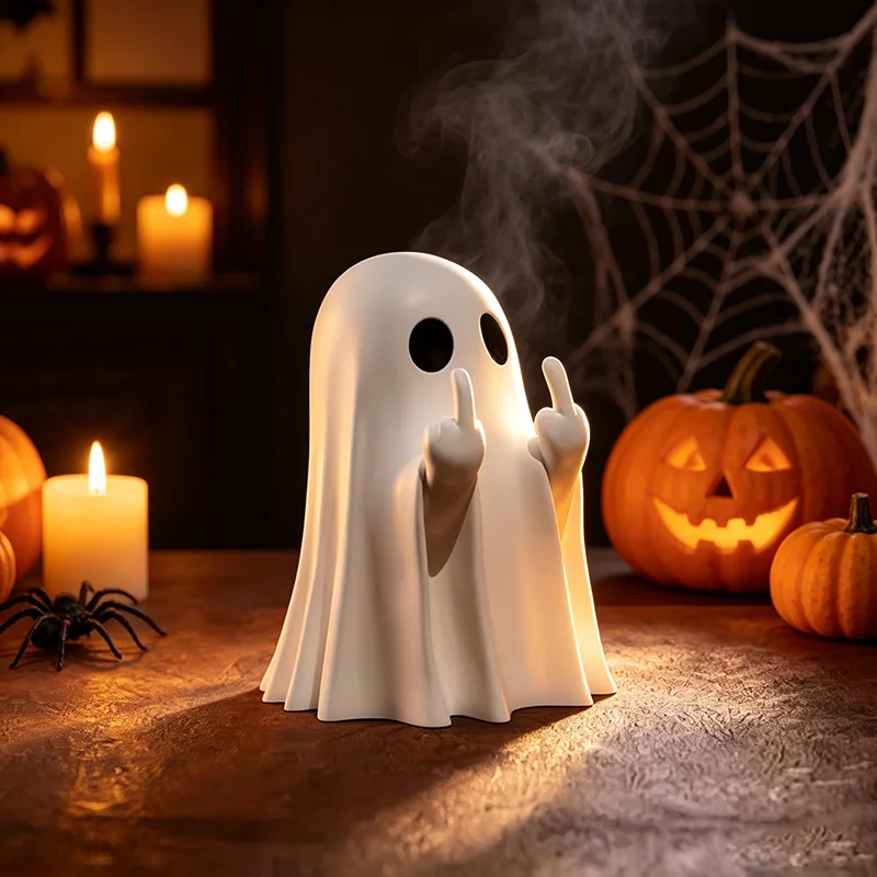 Halloween Funny Middle Finger Ghost Resin Figurine Spooky Cute Tabletop Ornament Holiday Party Desktop Shelf Home Decor Statue