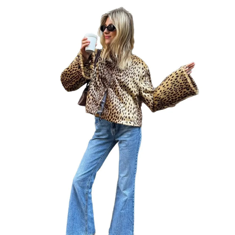 Short Length Leopard Print Coat Regular Fit Sophisticated with Single Breasted Multi Button Private Celebrity Style Women Coat