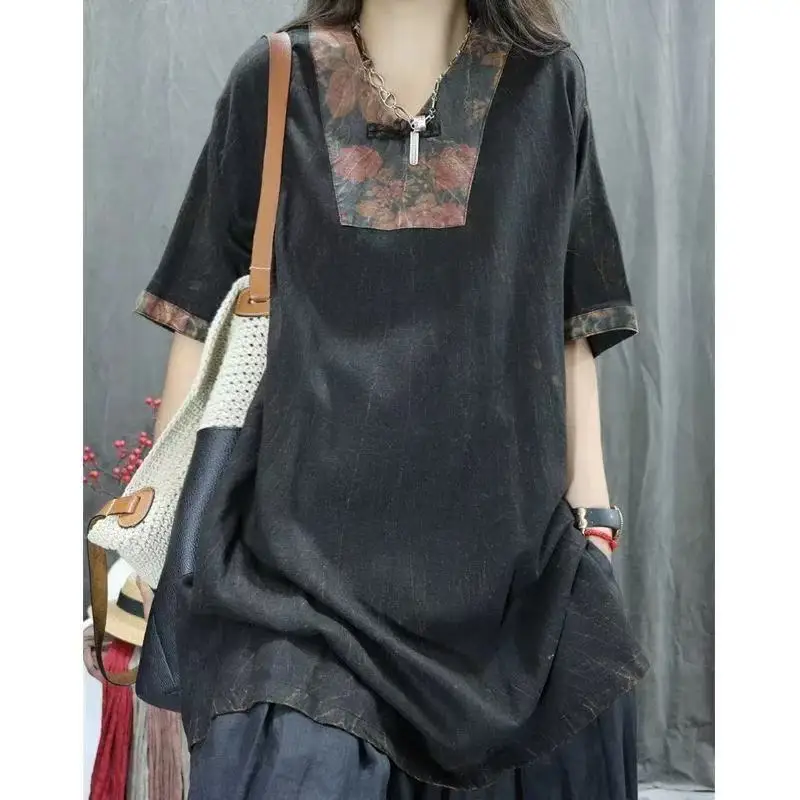 

Retro Distressed T-Shirt Loose Base Shirt Artistic Loose Top Women's Lazy Style plus Size Short Sleeve V-Neck Commute Style