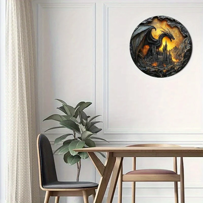 1 Stück 8 Zoll Dark Art Drachen 2D Runde Holzplatte Dekorative Schilderplatte Eingangsbereich Geschenk Drachen-Thema Bar Club Zuhause Zimmer Wanddekoration – Detail 2