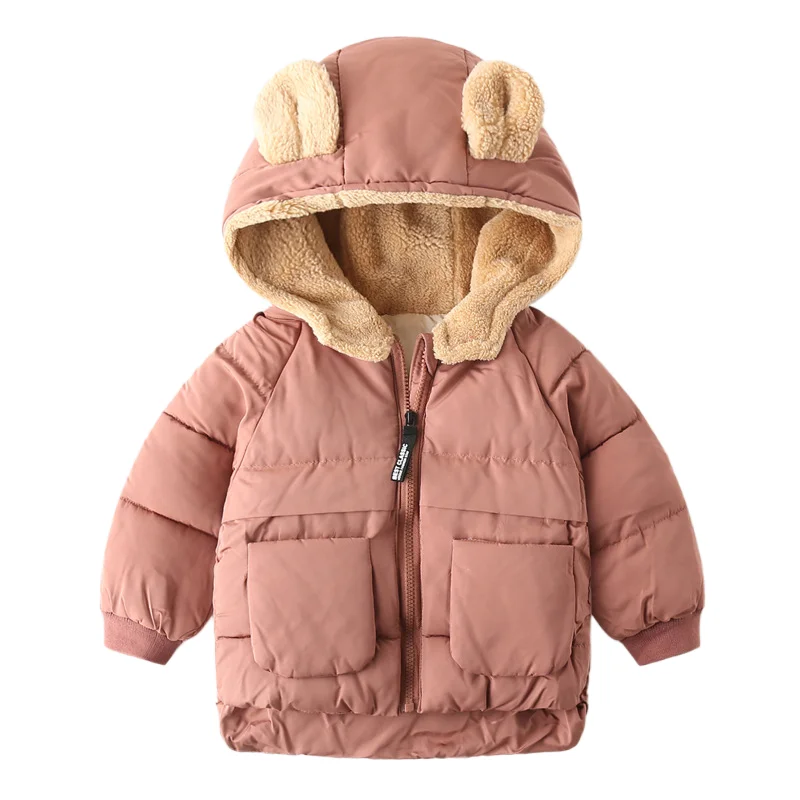 Boys' Stylish Solid Color Zip-Up Hooded Padded Jacket Thickened Fleece Polyester-filled Coat for Kids Autumn Winter, Ages 2-7