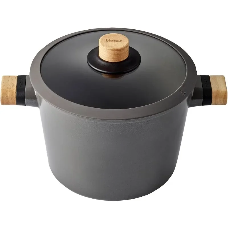 HOME.Bosque Nonstick Pot 9.5 inch with Glass Lid - Large Soup Pot with Two Oakwood Handles - Strong Ceramic Non-stick Coating