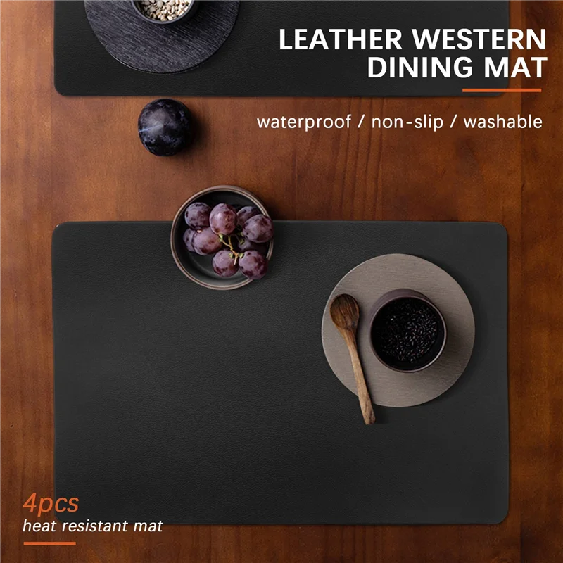 A88M 4 قطع مفارش مقاومة للحرارة، مفارش أطباق من الجلد الصناعي، مقاومة للماء، غير قابلة للانزلاق، مفارش مطبخ قابلة للغسل، (أسود)