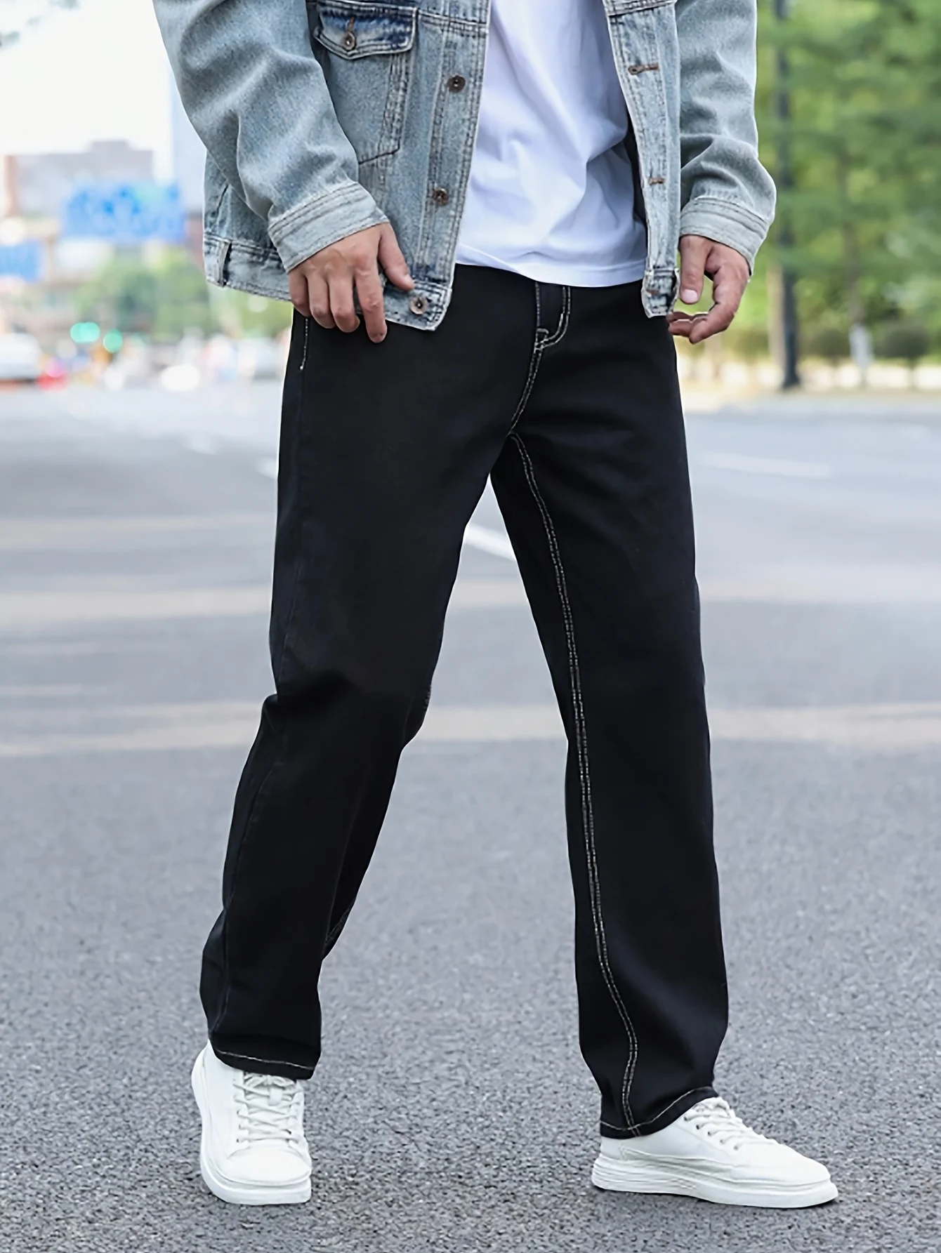 

Мужские джинсы Мужские свободные прямые джинсы Топ Трикотажные свободные широкие джинсы Джинсы