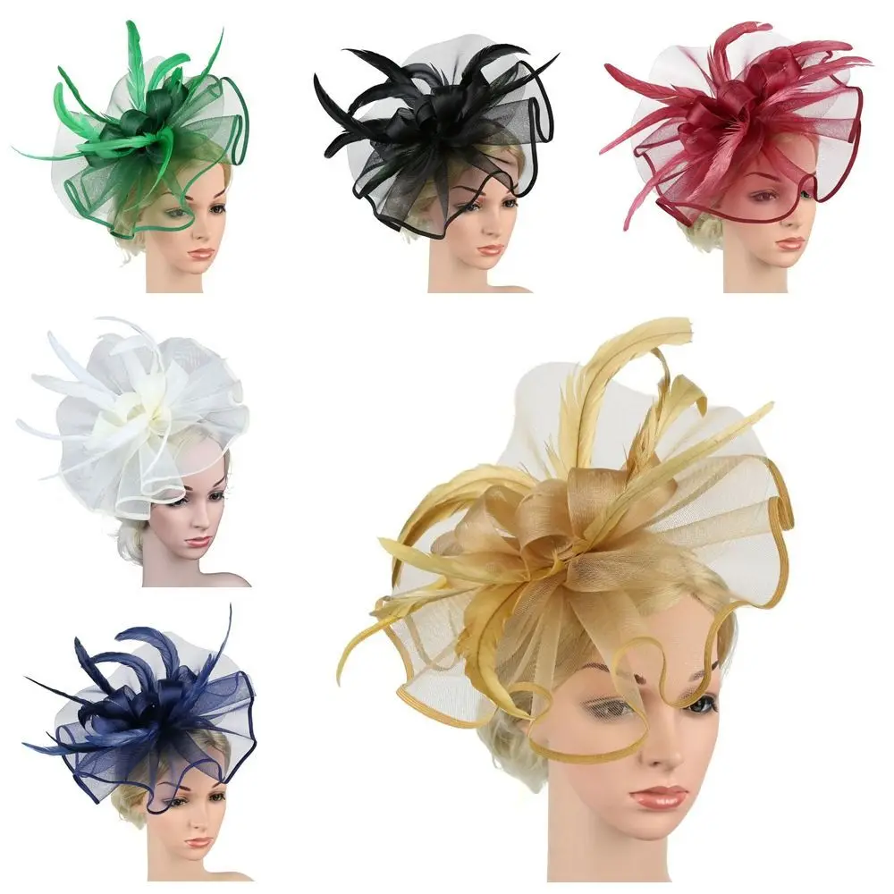 Stylish Top Hat Headband Formal Dress British Retro Cocktail Bridal Mesh Cap Exquisite Luxury Wedding Feather Hat Headband Party image 5