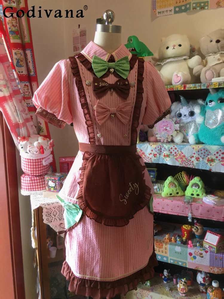 

Original Sweet Lolita Skirt Shirt Apron Set Summer New Girls Cute Bow Kawaii Y2K Shirt Mini Striped Skirt Vintage Womens Outfits