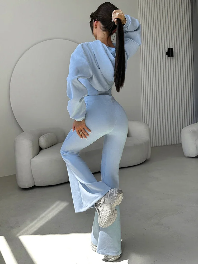 EOENKKY Sexy Tracksuit 3-Piece Set Hooded Botton Crop Top+Zip Chest Wrapped+Long Flare Pants Stretch Skinny Casual Outfits