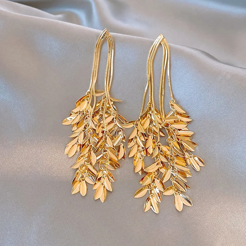 Kupferlegierung Metall Goldfarben Blatt-Quasten Lange Ohrringe Sexy Accessoires für Europäische und Amerikanische Frauen 2025 Trendiger Schmuck – Detail 7