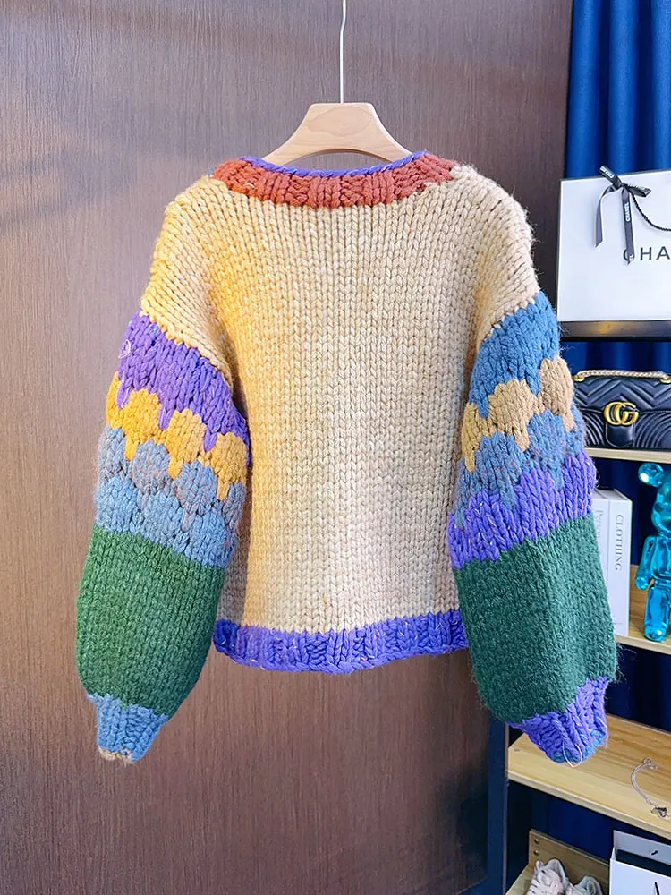 Cardigan lavorato a maglia con ago spesso lavorato a mano pesante artigianale, stile sciolto con blocchi di colore in filato spesso, cappotto maglione autunno inverno da donna