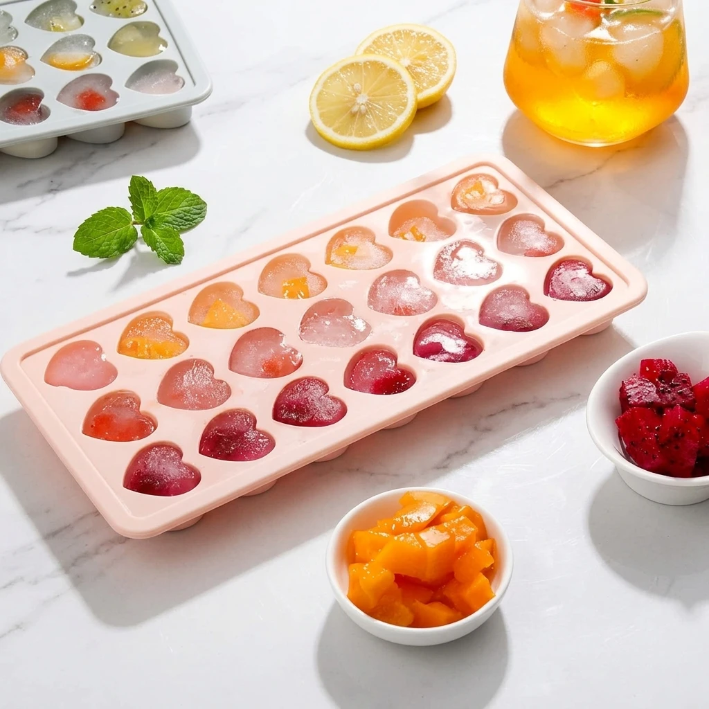 

Creative heart-shaped ice cube mold silicone ice grid with removable lid for easy release, suitable for summer drinks