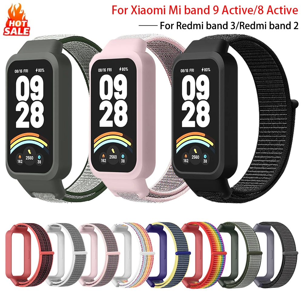 Nylon loop Strap+Case for Xiaomi Smart band 9 8 active accessories sport bracelet +Protective Bumper shell correa Redmi band 3 2