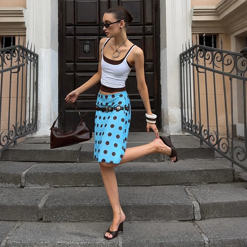 Sexy 2 Piece Set Women Color Patchwork Camis Crop Tops + Polka Dots Print Bodycon Midi Skirts Casual Steretwear Suits Clubwear