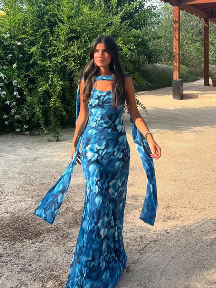 

Sexy Lady Sleeveless Waist Slimming Long Dress 2025 Chic Printed Scarf Sling Maxi Beach Robe Women's Summer Holiday Party Outfit