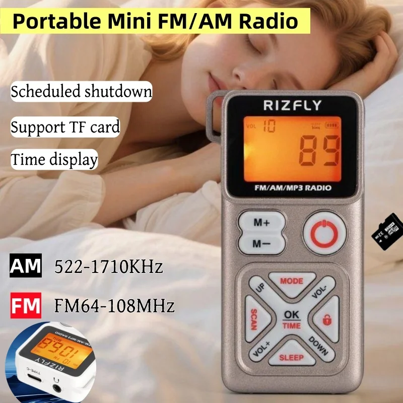 Multi-functional Mini Pocket Radio Portable FM AM MP3 Radios Recevier Sleep Timer Headphones Jack TF Card Type-C Rechargeable