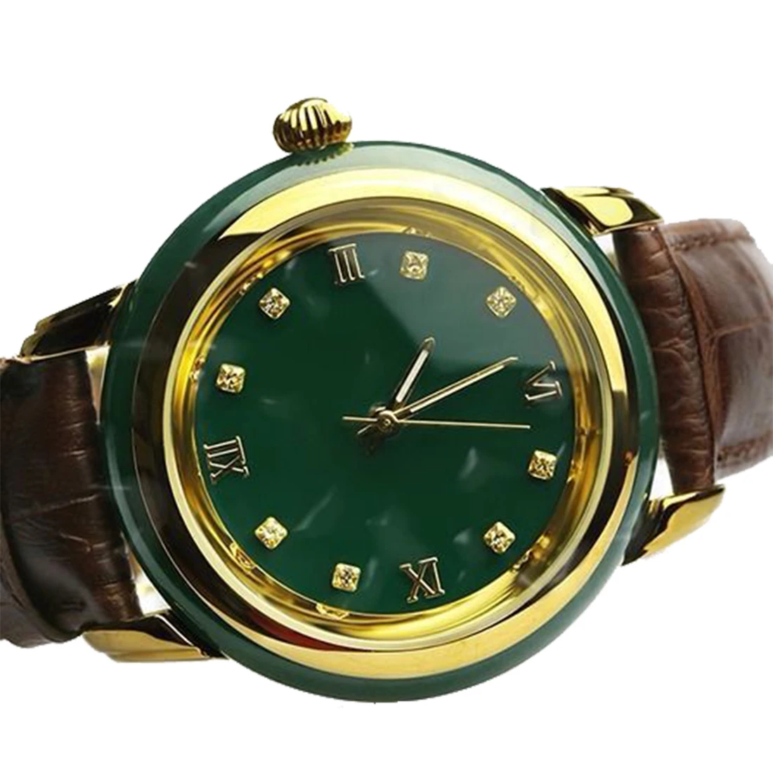 

Green Jade Watch Diamond Inlay Quartz Wristwatch Couple Clock Lovers Male Female Luxury Gold 12 Zodiac Carving Dragon Watches