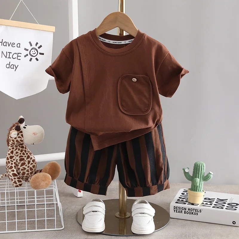 2Pcs T-shirt Shorts Set Baby Summer Clothes Fashion Casual Boy Girl Tee Stripe Shirts Suit Outfits Children Costume