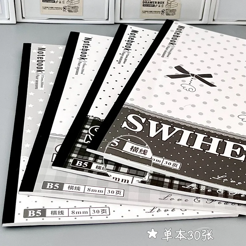 4 Packs of Black and White Angel B5 Plastic Book, Simple Polka Dot Bow Wing Notebook, Student Horizontal Line Note Copy Book
