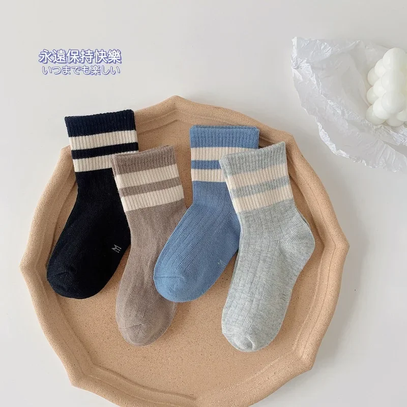 1 Pair Calf Sock for Children Boy Girl Socks Spring Autumn Cotton Socks Solid Color Striped Calf Sock for 3-11 Years Baby Stuff