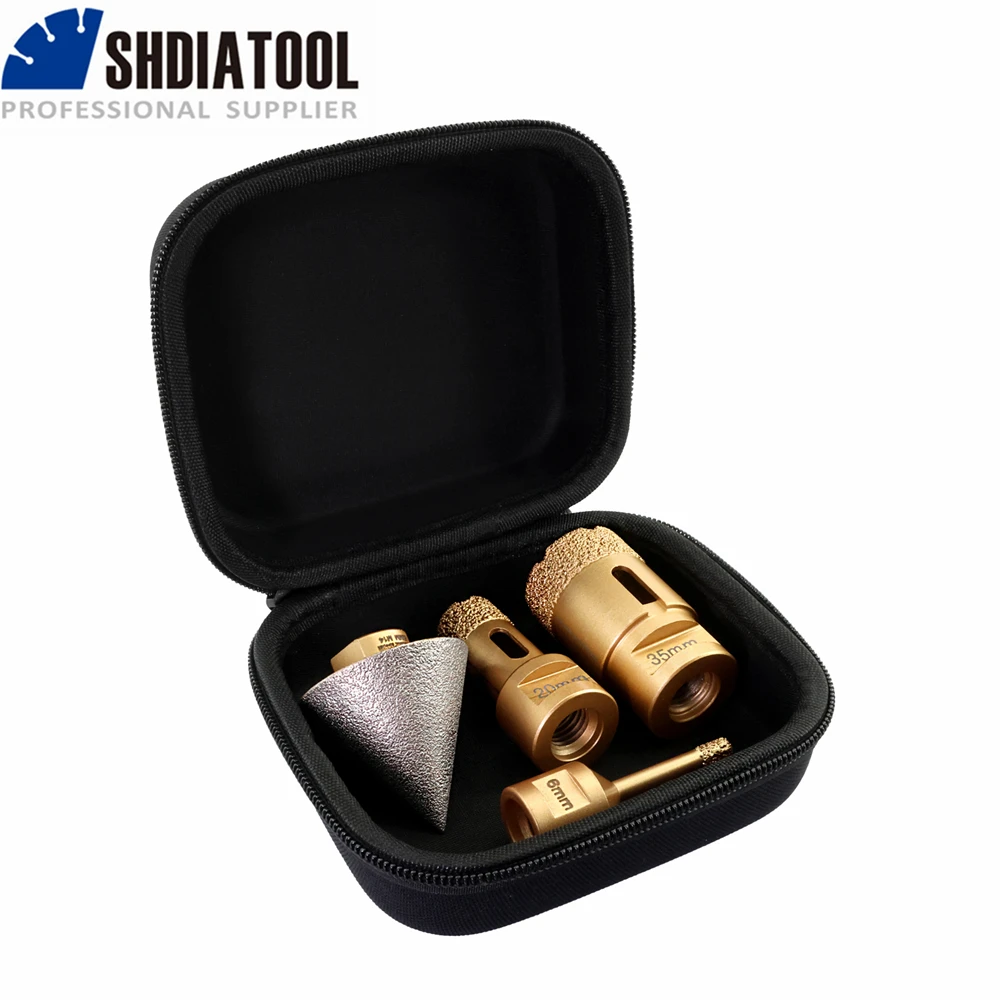 

SHDIATOOL 4pcs/box Diamond Drill Bits Set Drilling Milling Kit 6/20/35mm Core Bits+50mm Diamond Chamfer Tile Masonry Marble M14