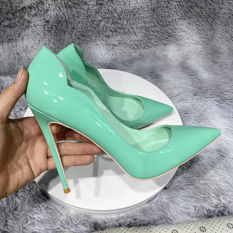 Veowalk Glossy Solid Mint Green Women Pointed Toe Curl Cut Stiletto Pumps Elegant Designer 80 100 120 High Heel Shoes for Party