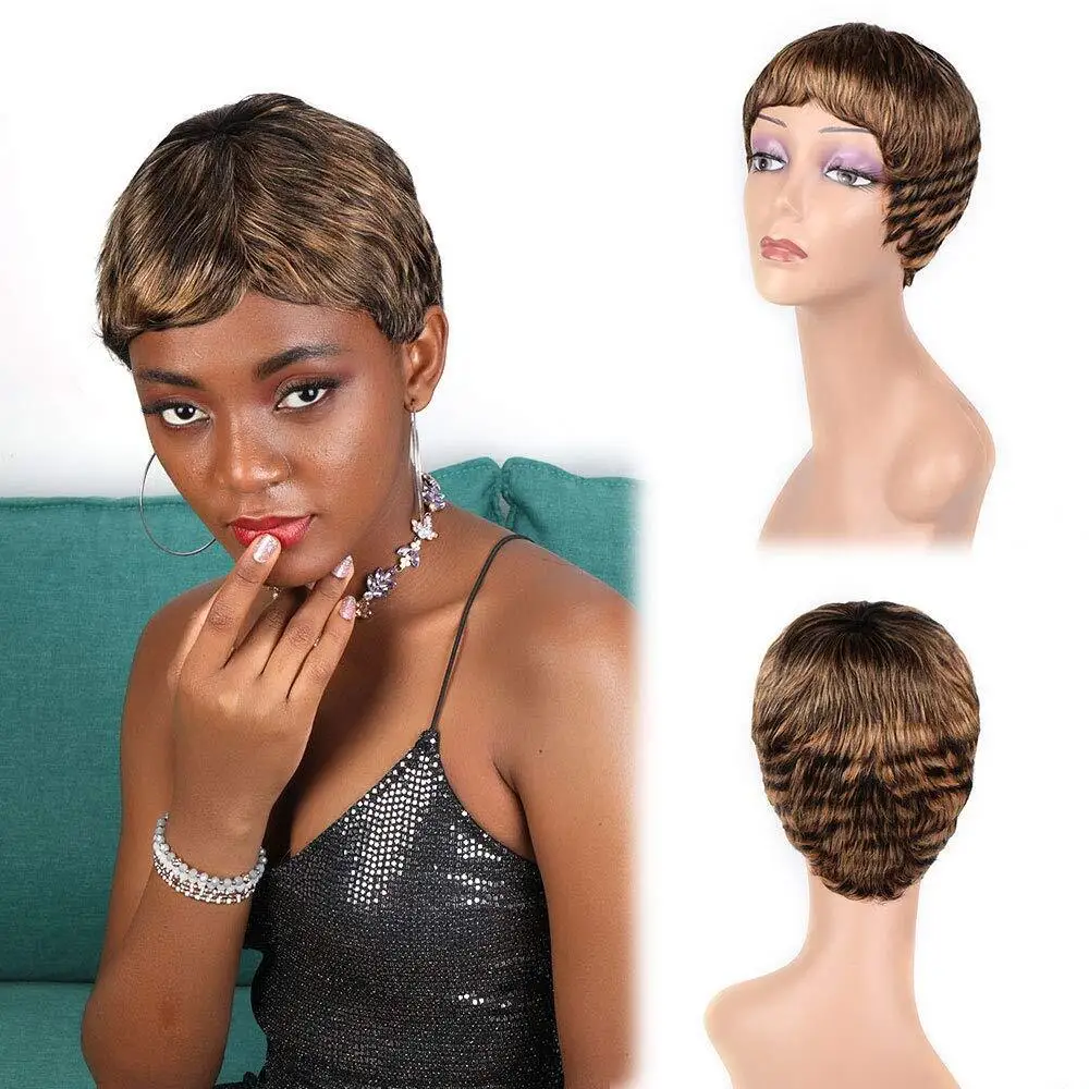 Perruques Pixie courtes pour femmes, perruques de cheveux raides superposés, perruques synthétiques de degré de chaleur, utilisation 03, blond noir mixte