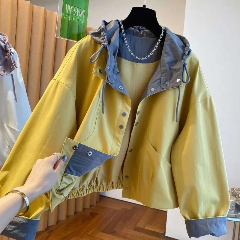 Casual Streetwear Colorblock Cropped Hooded 2026 Jacket Women Loose Fit Contrast Cuffs Button Up Pockets Daily Wear Outerwear