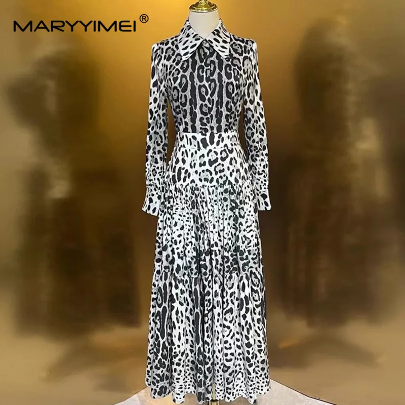 MARYYIMEI Spring and Summer Suit Turn-Down Collar single breasted women's shirt top+Slim skirt silk leopard print 2-piece set