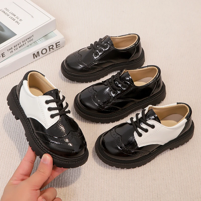 Autumn New Casual Lace Up Black Boys' Leather Shoes Hollowed Out Sleeves Breathable British Small Medium-sized Children's Shoe