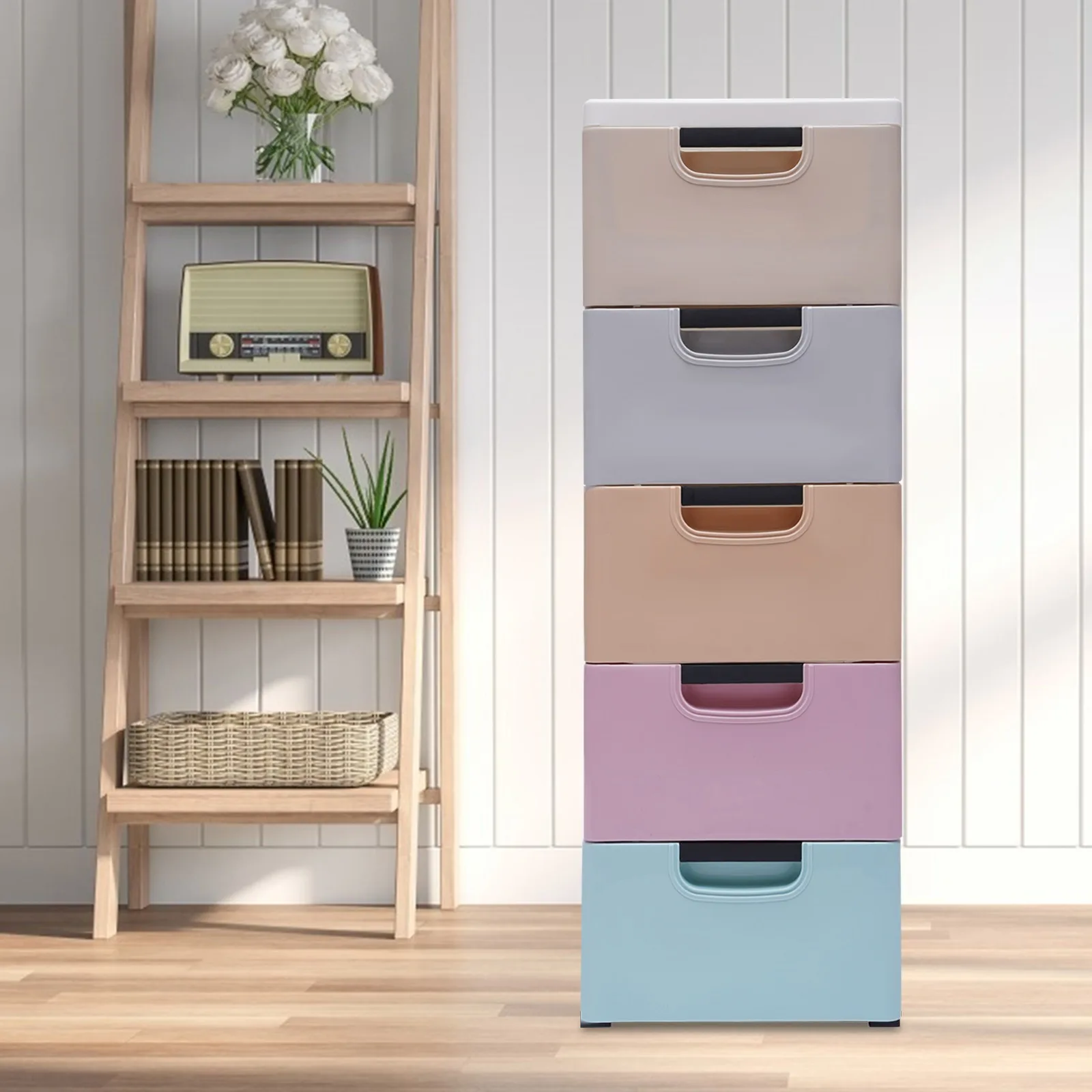 Bymaocar 5-layer Vertically Movable Storage Cabinet 15.75*11.81*33.07in, Multi-color Stacking Design Storage Drawer with Handles