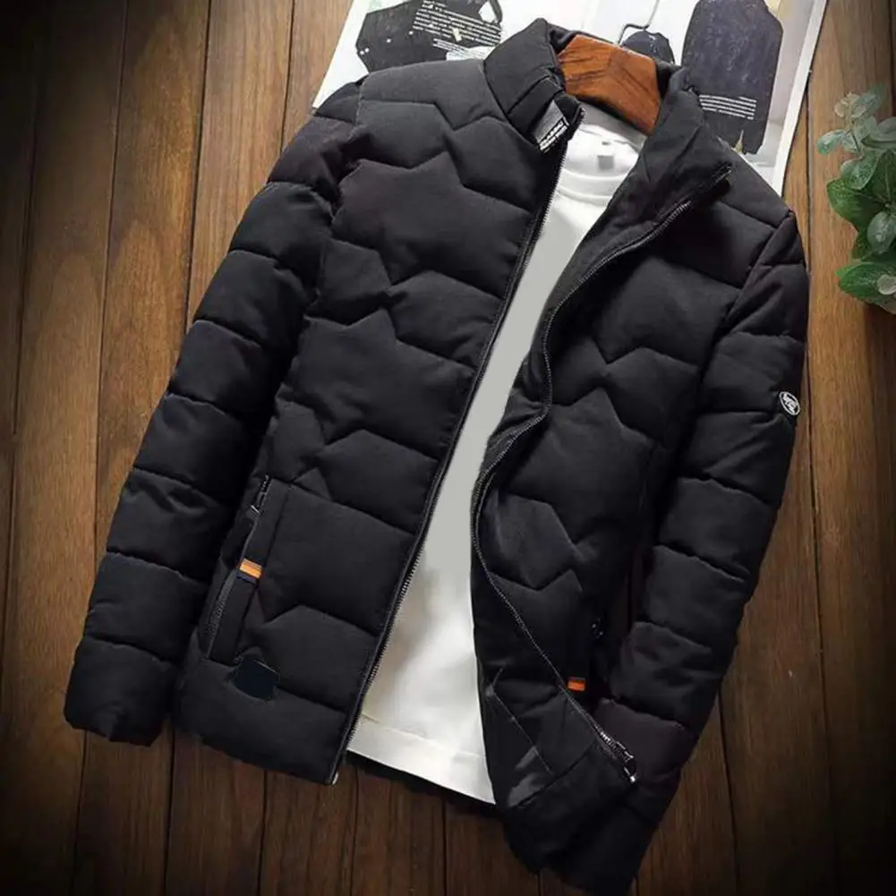 Abrigo de invierno para hombre, ropa elegante, abrigo cálido ajustado, prendas de vestir con bolsillos, cierre de cremallera, cuello levantado, sólido