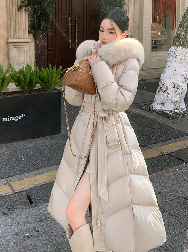 2026 New Women's Fashion Beautiful Long Down Hoodie Jacket For Winter Fox Fur Collar Slimming Fit Warm Coat Outerwear