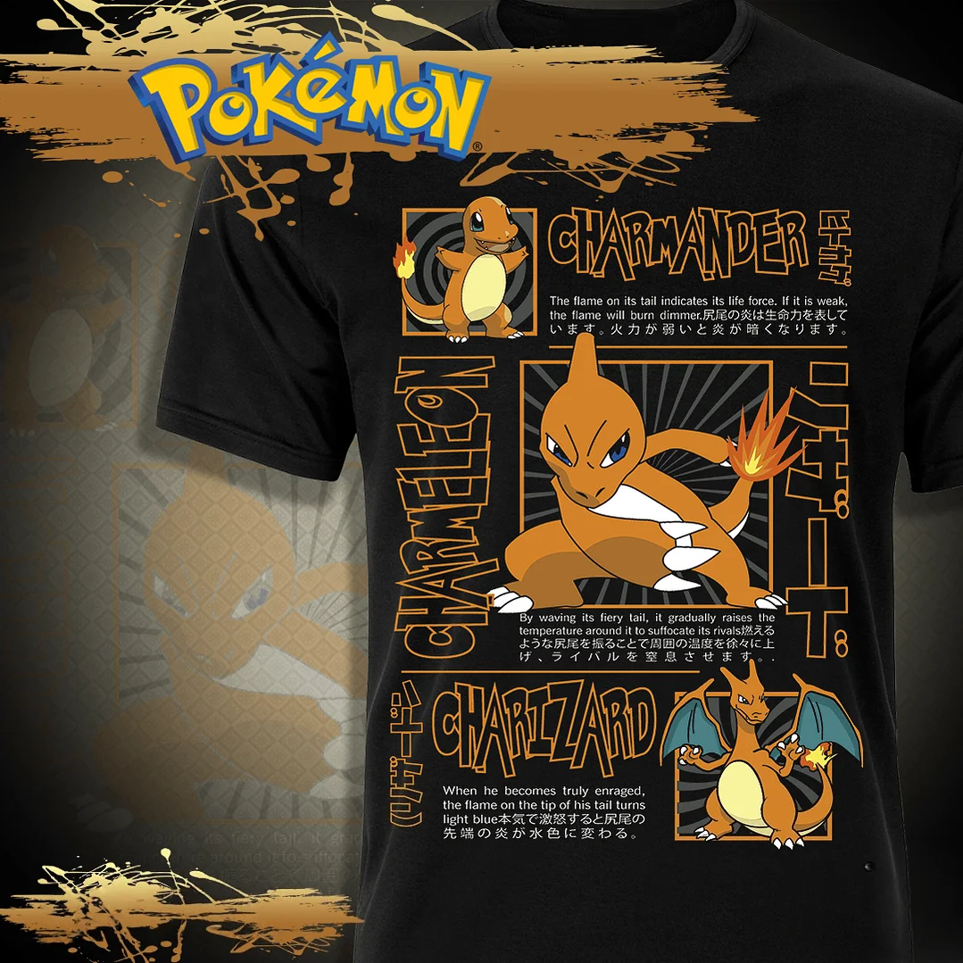 Herren und Damen Sommer Neuer Street-Style Pok É Mon Feuerdrachen-Elfen-Graffiti Lockeres Atmungsaktives Baumwoll-Kurzarm-T-Shirt