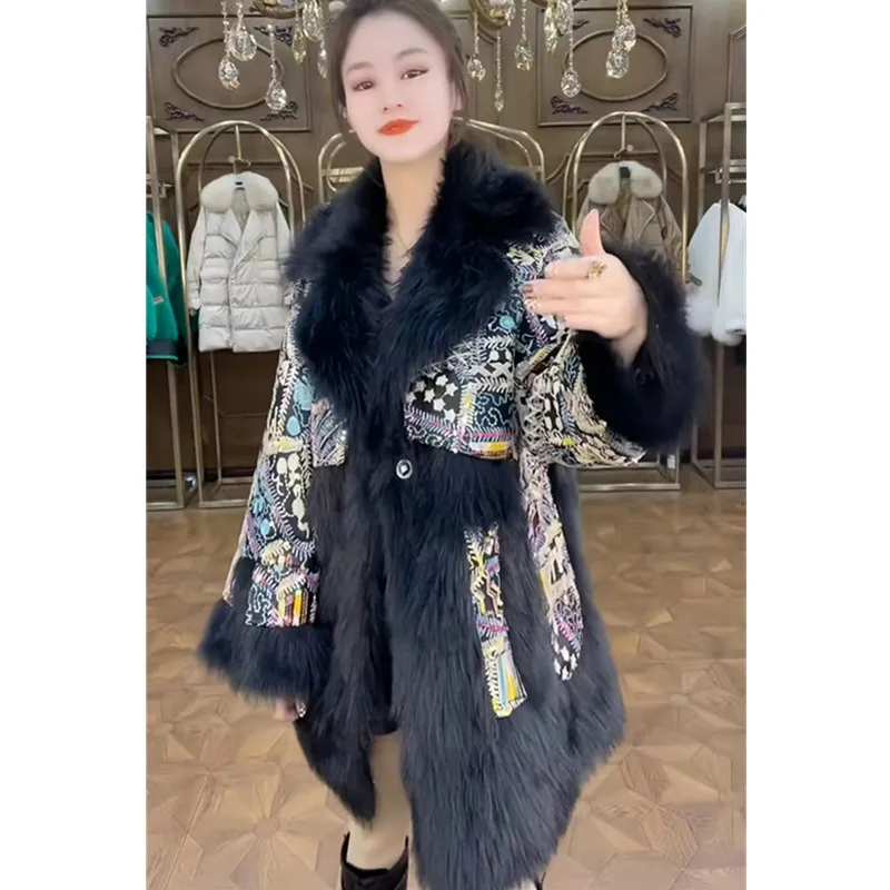 Faux Fur Coat for Women,Spliced Jacket, Sequins Overcoat, Loose Thicken Warm Coat, High Quality, Female Winter, New, 2024