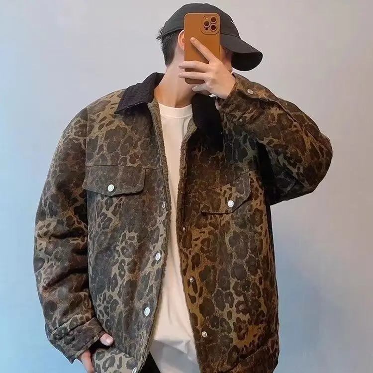 

Japanese old work jacket with winter velvet leopard print jacket for men's American double-sided wearable cotton jacket