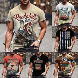 Summer Vintage Fit Short Sleeve Fashion Us Route 66 Letter Printed Tee 3D O Neck Men's Plus Size Car T Shirt Fashion Streetwear