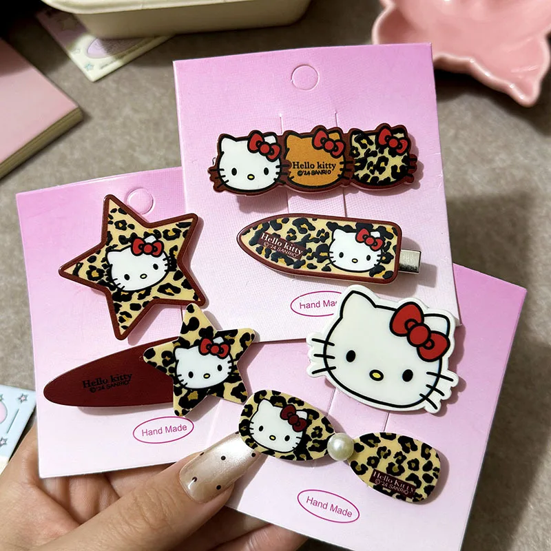 6pcs Sanrio Cartoon Kitty Cat Leopard Print Hair Clip Girl Duckbill Clip Headband