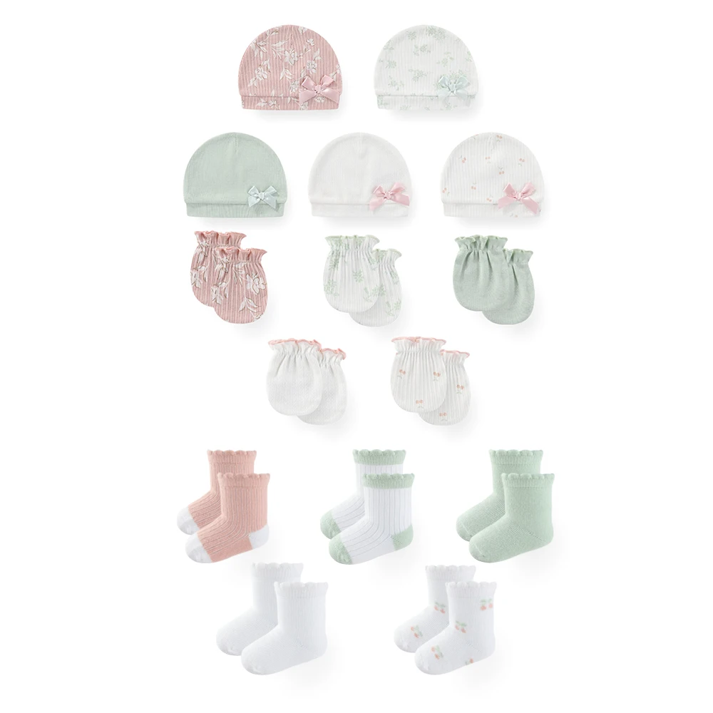 15-Pack Fashion Bayi Laki-laki Perempuan Aksesoris 0-6 Bulan Topi Bayi Baru Lahir + Sarung Tangan + Kaus Kaki Empat Musim Bayi Penting